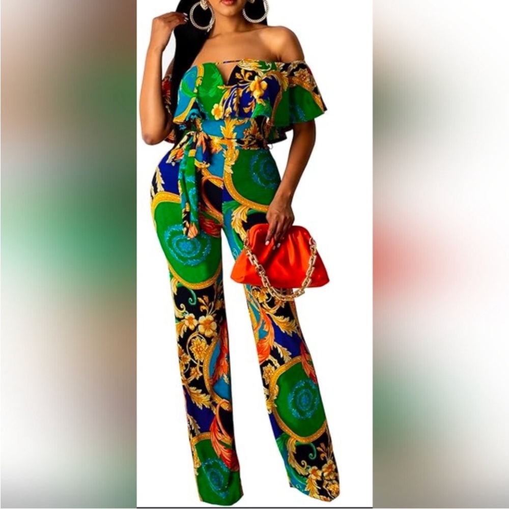 AMAZON Off-Shoulder Ruffled Neckline Wide-Leg Jumpsuit in Green & Blue 2XL NWOT